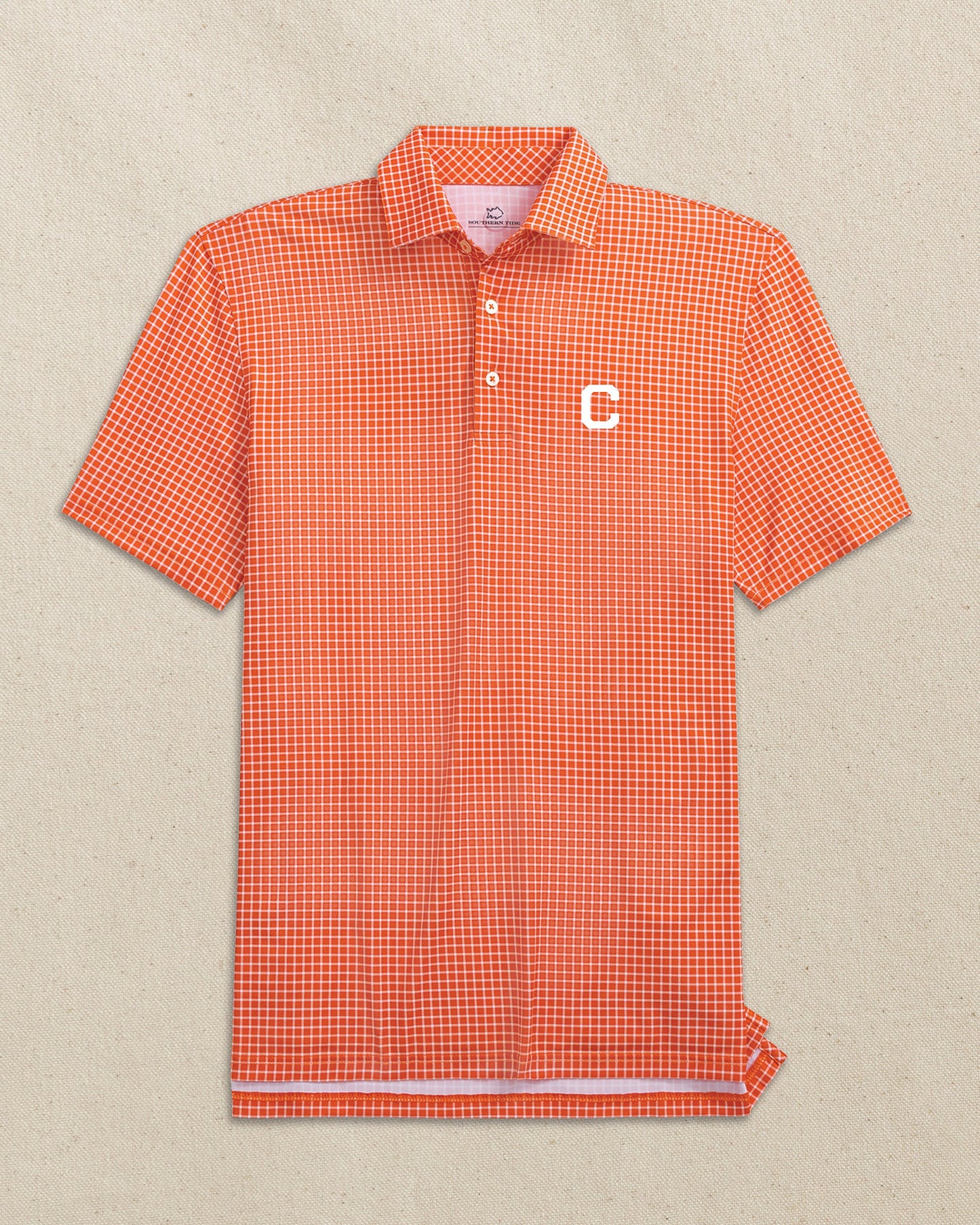 The front view of the Southern Tide Clemson Tigers Block C Driver Dunes Edge Plaid Polo by Southern Tide - Endzone Orange