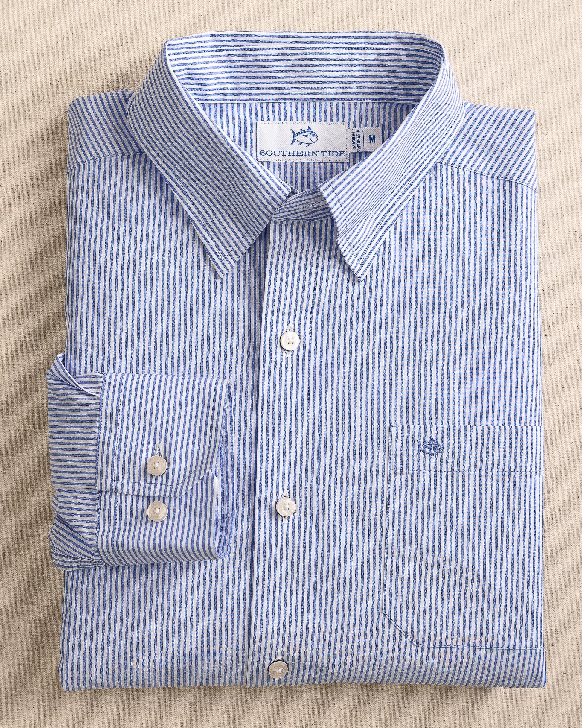 The front view of the Southern Tide Charleston Granby Stripe Embroidered Sport Shirt by Southern Tide - Cobalt Blue