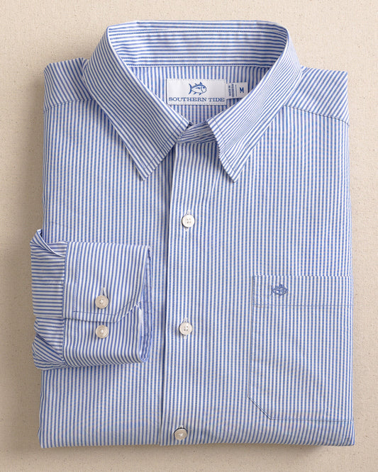 The front view of the Southern Tide Charleston Granby Stripe Embroidered Sport Shirt by Southern Tide - Cobalt Blue