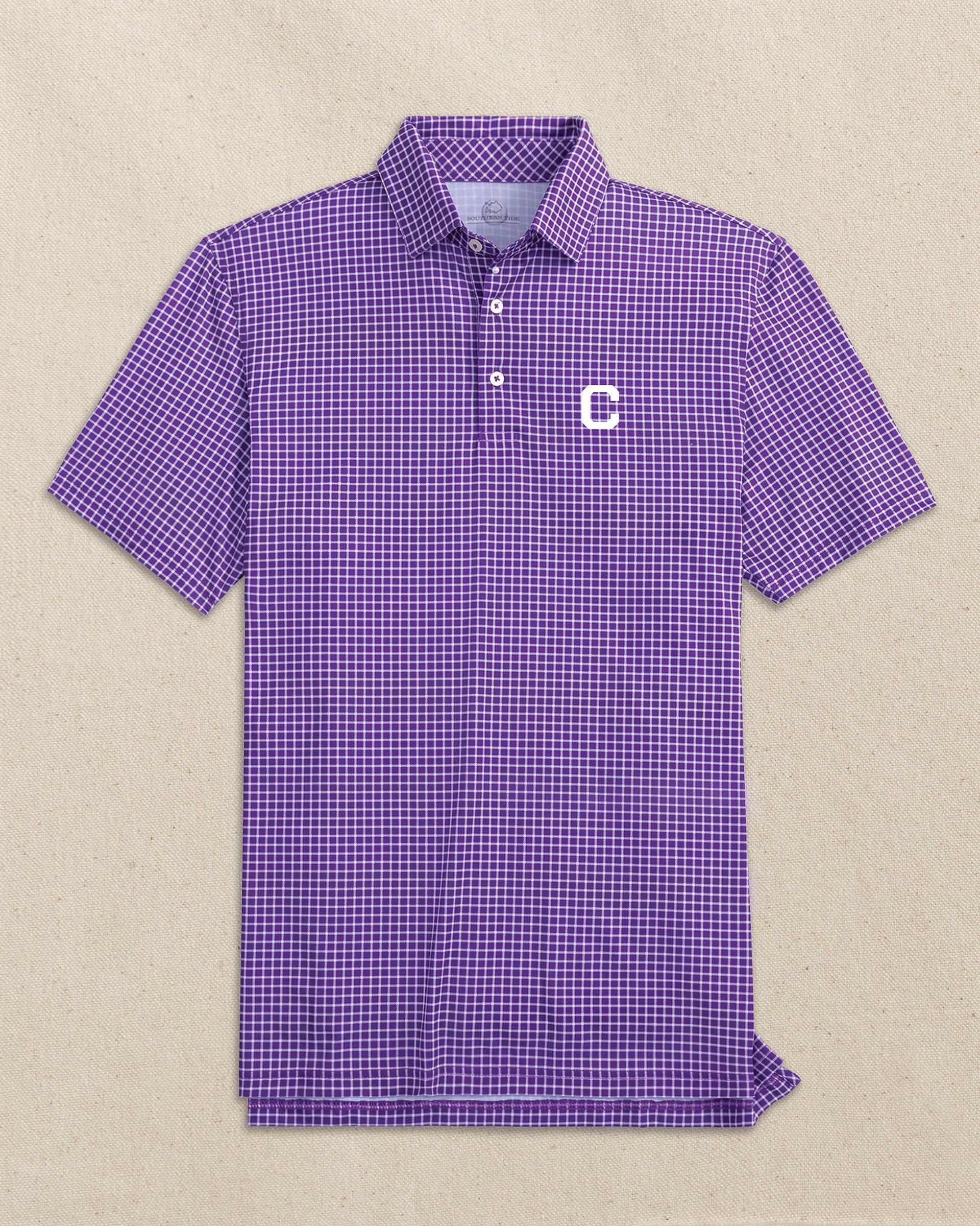 The front view of the Southern Tide Clemson Tigers Block C Driver Dunes Edge Plaid Polo by Southern Tide - Regal Purple