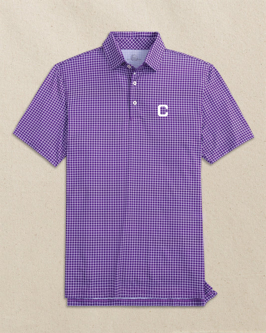 The front view of the Southern Tide Clemson Tigers Block C Driver Dunes Edge Plaid Polo by Southern Tide - Regal Purple