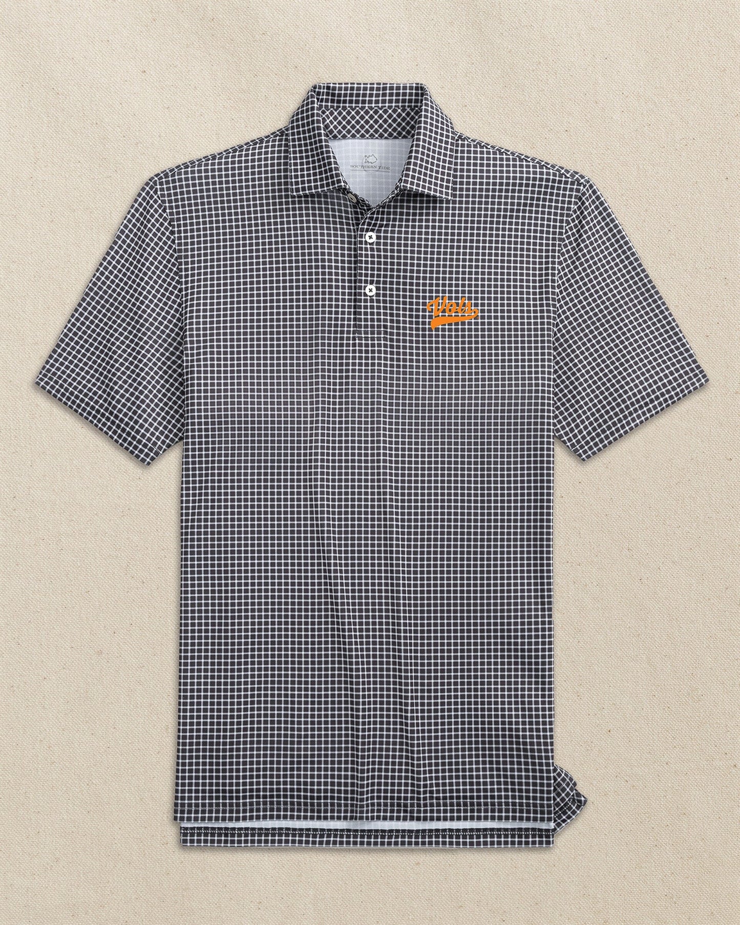The front view of the Southern Tide Tennessee Vols Script Driver Dunes Edge Plaid Polo by Southern Tide - Black