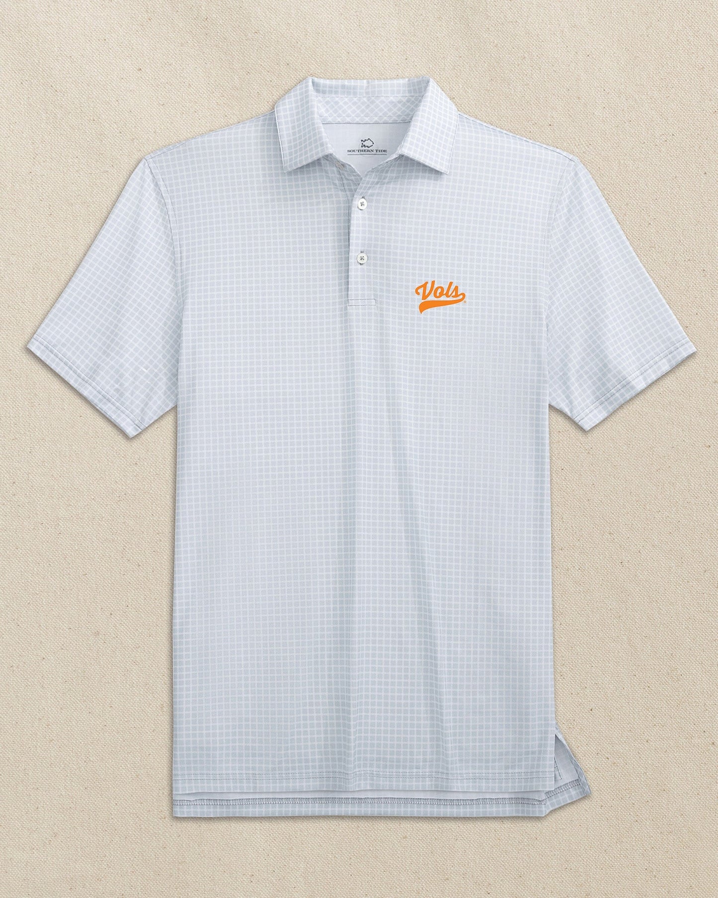 The front view of the Southern Tide Tennessee Vols Script Driver Dunes Edge Plaid Polo by Southern Tide - Slate Grey